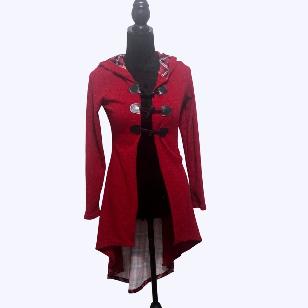 Dressfo Womens Red Plaid High Low Hooded Cardigan Toggle Corset Back Size 4‎ NEW